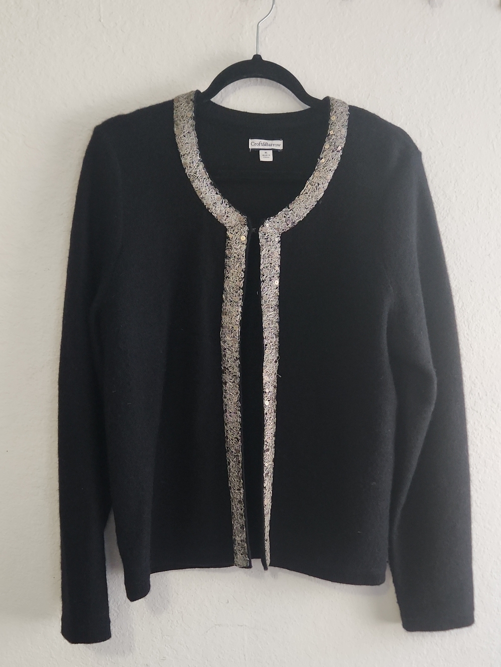 100% Wool Open Front Cardigan Sequin Trim Black XL Office Wear Minimalist Cozy